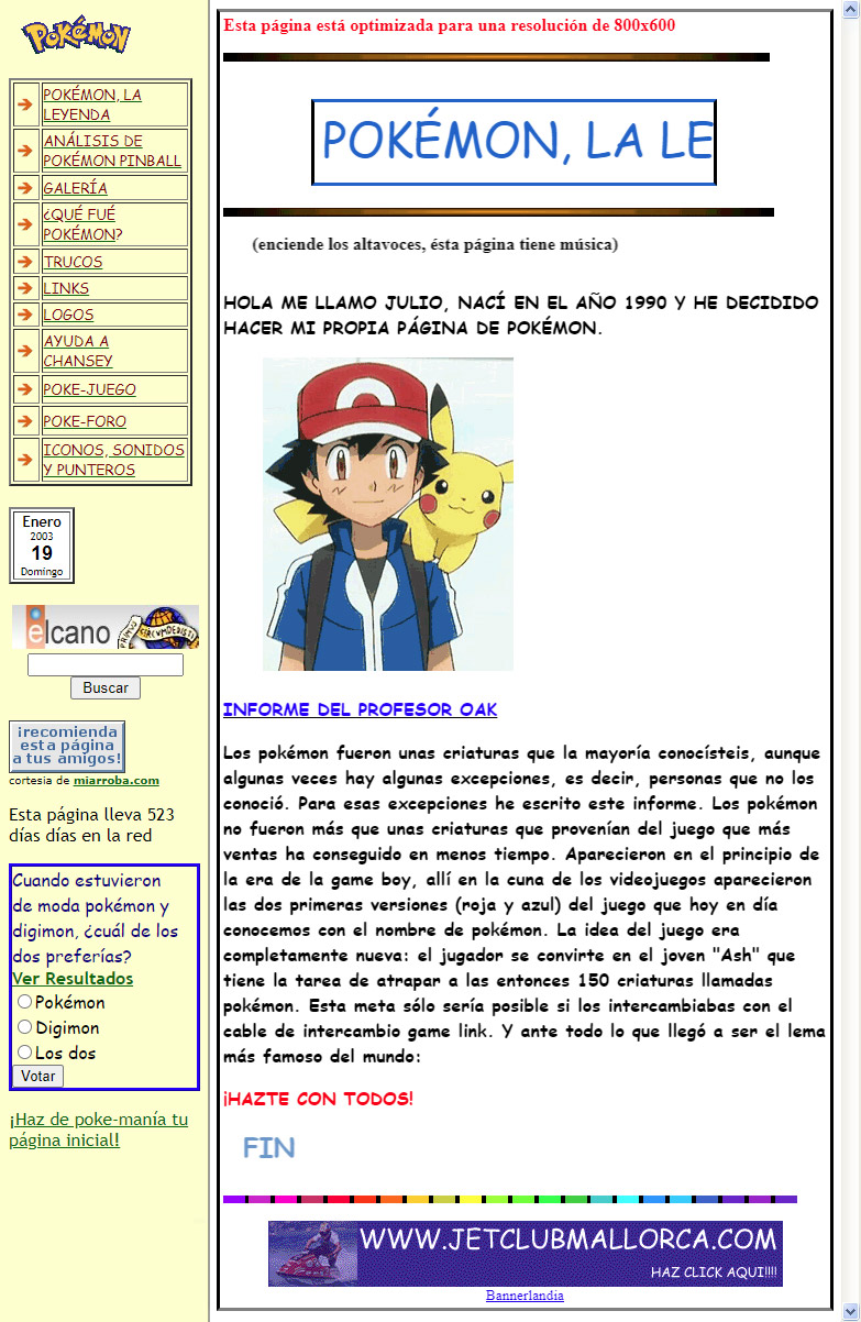 Screenshot of my Pokemon website taken in 2003
